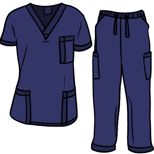 A navy blue short-sleeved scrub top and pair of scrub pants.